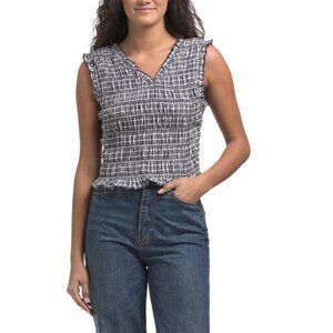 IDEM DITTO Navy Smocked V-neck Top